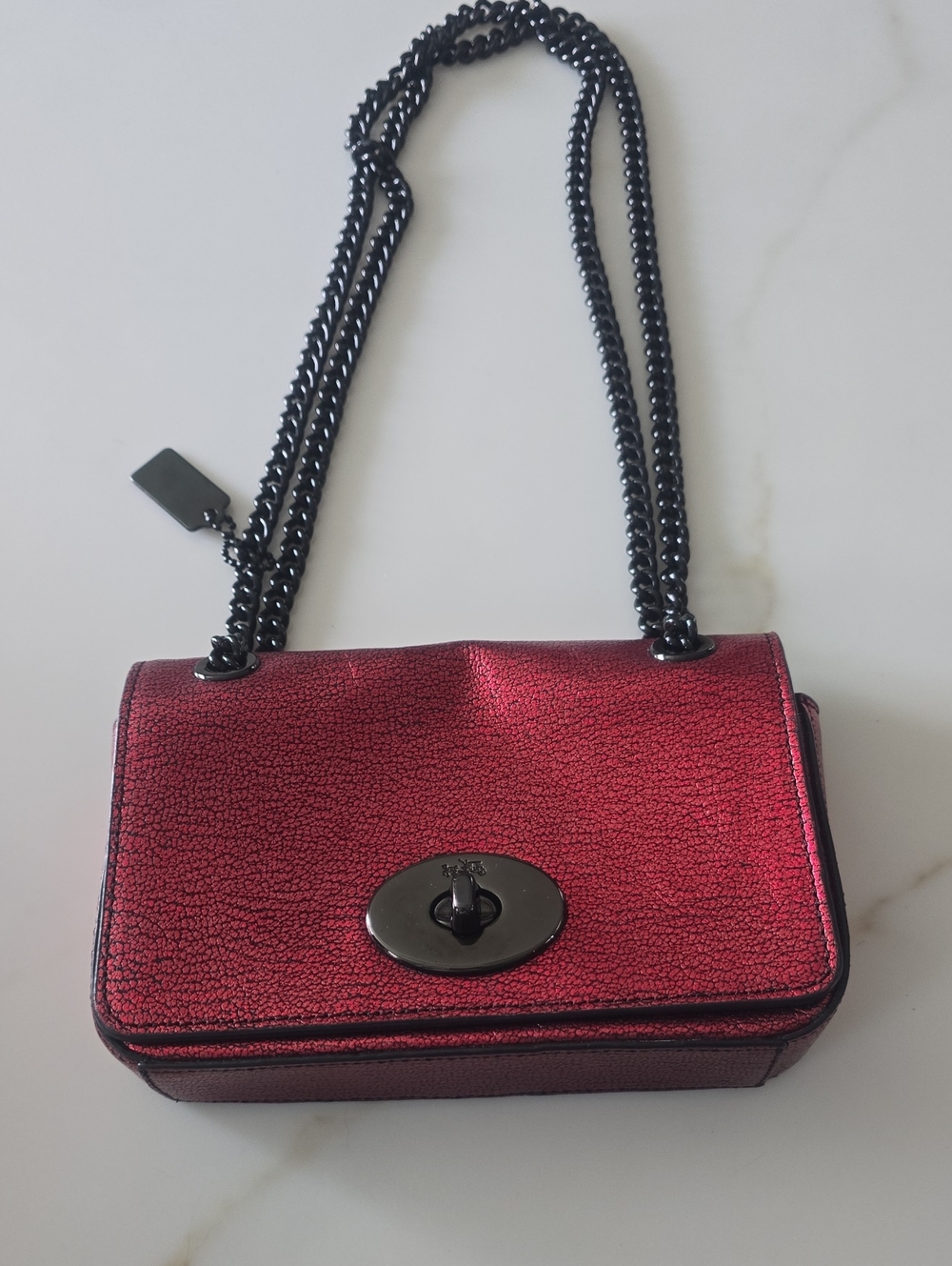 Metallic Red Shoulder Bag with Chain Strap - Coach